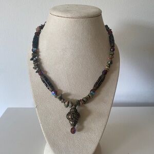 Chico's Unakite Gemstone Boho Pendent Necklace